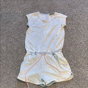 Mock denim romper with cinched waist size S
